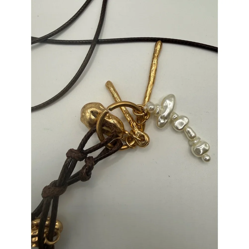 Boho Multi Strand Brown Cord Necklace Gold Tone Charms Baroque Pearl Toggle 32in
